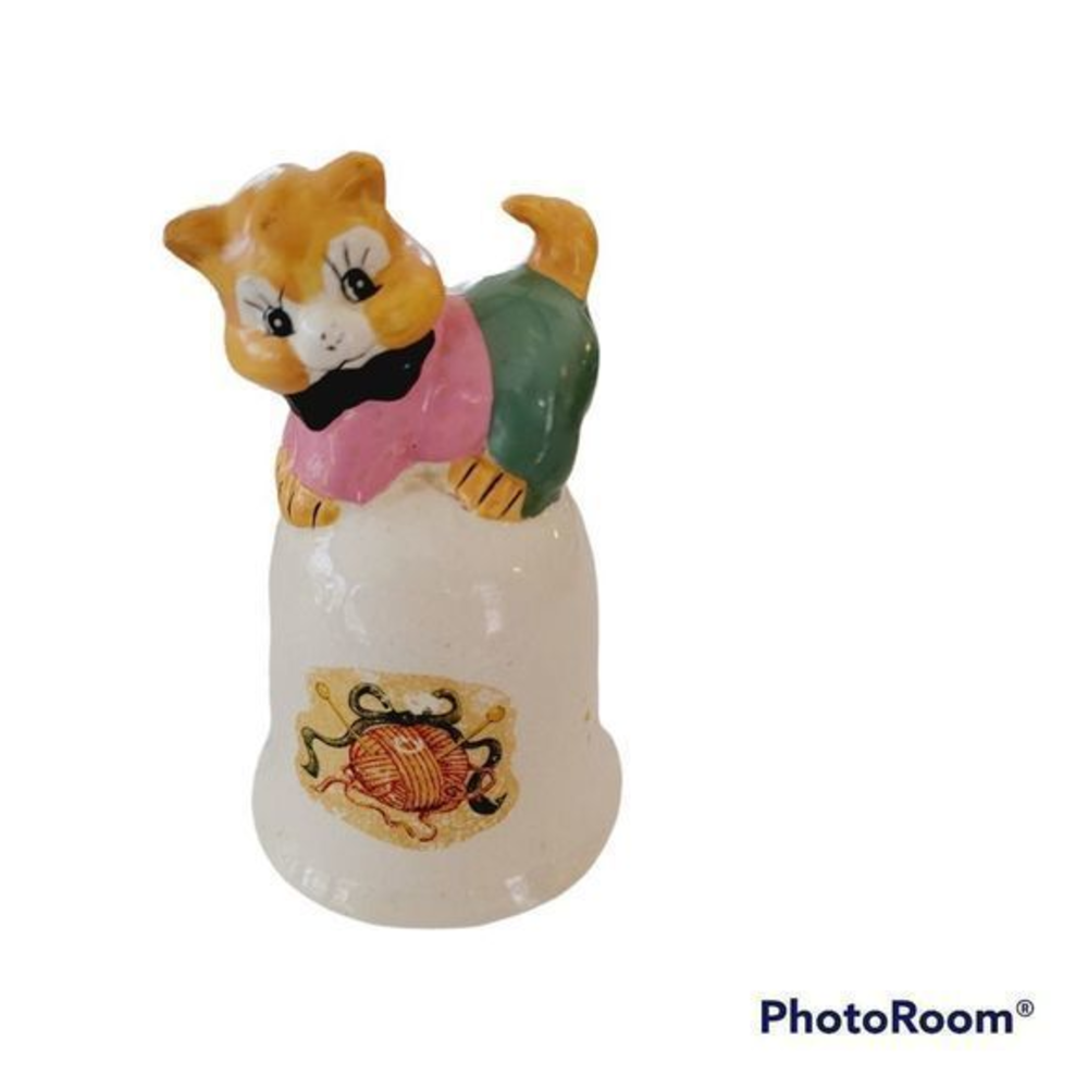 Vintage orange cat and ball of yarn ringing bell porcelain